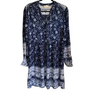 Altar’d State Dress Size L Long Sleeves Blue White Floral Beachy Coastal Boho